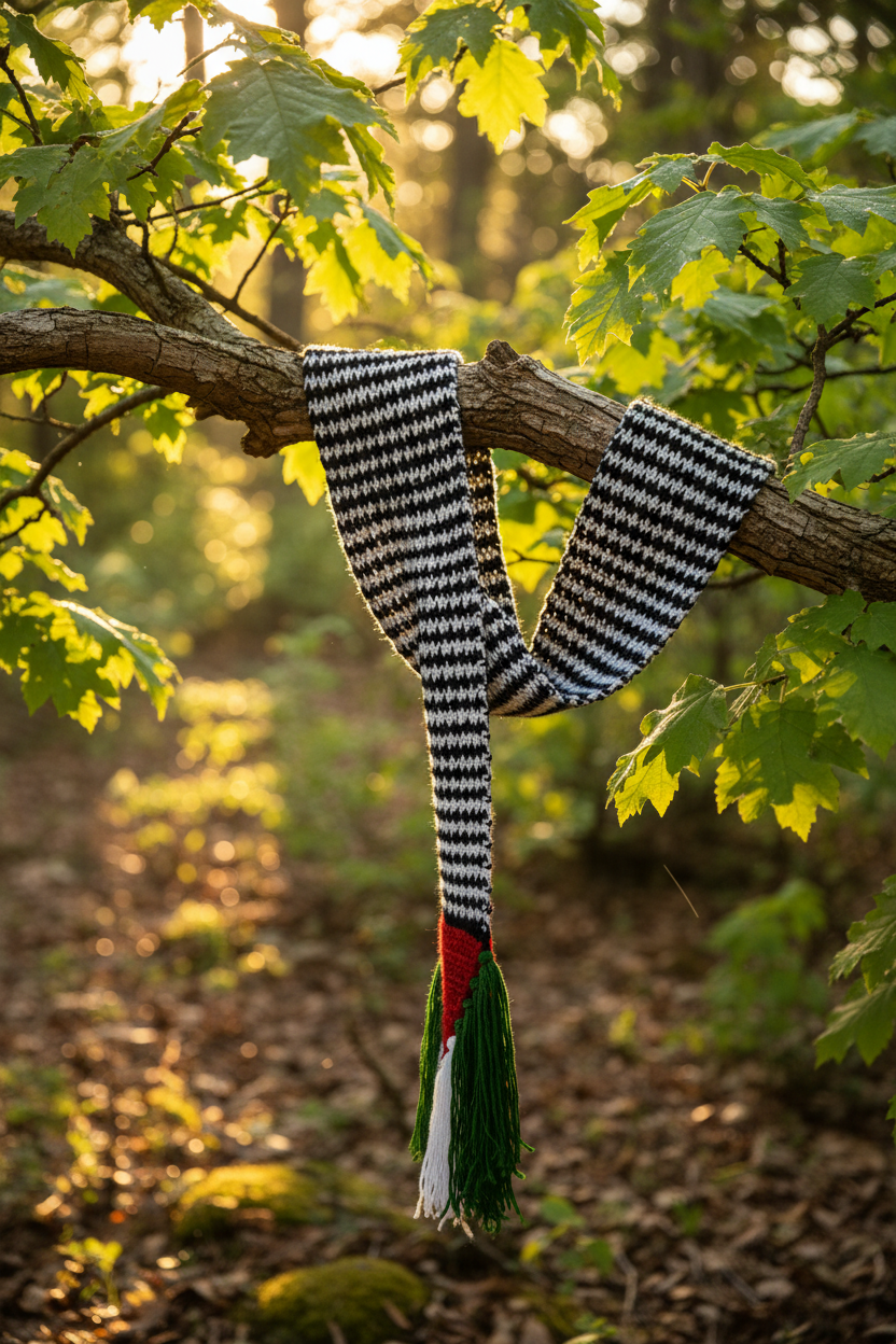 Crochet scarf hanging from tree