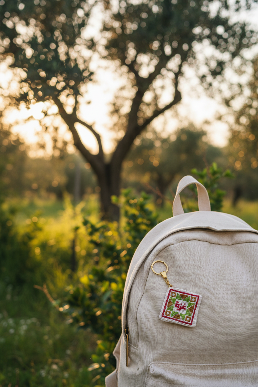 Keyring on backpack in garden
